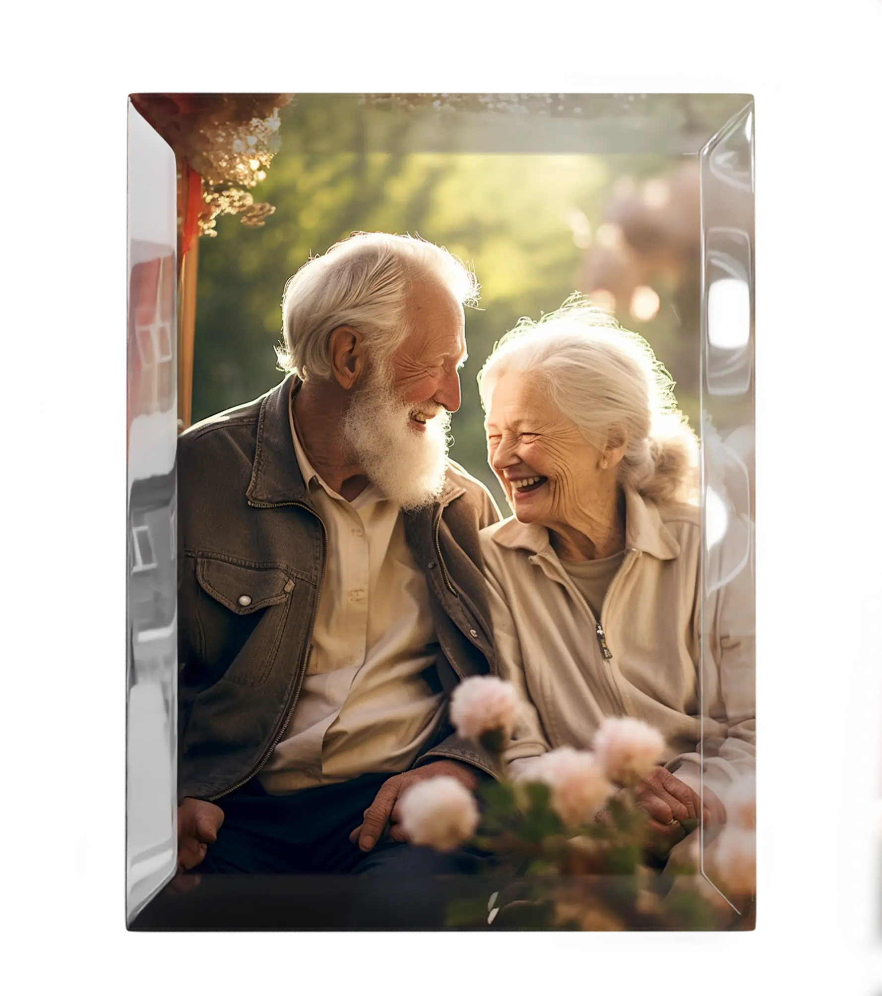 Фотографія двох людей на гранованому кристалі